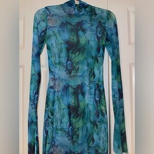 Blue mesh detailed dress with underlay bodysuit